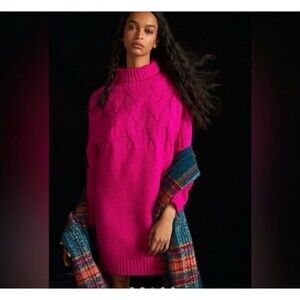 Anthropologie Callahan Size XS Cable Knit Sweater Dress Hot Pink Mini Colorful